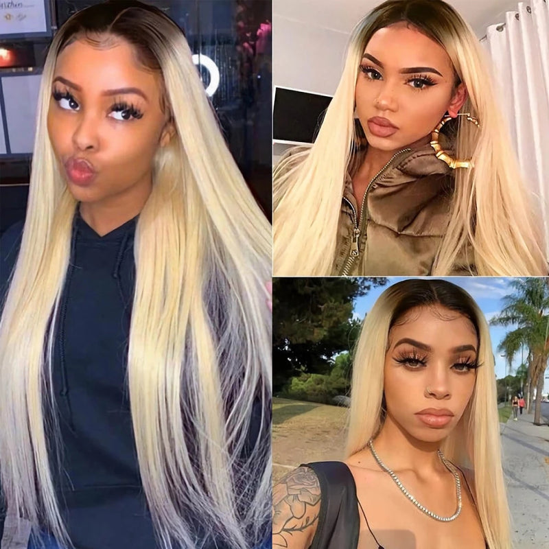 #T1B/613 Blonde Straight Hair Wigs with Dark Roots 13*4 Lace Front Wig 4*4 Wig| Bridger Hair®