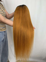 Straight Human Hair Wig with Dark Roots