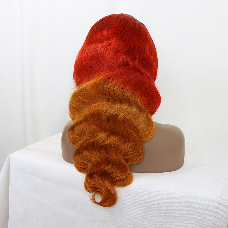 Customized Ombre Red with Orange Brown Body Wave 13*4 Lace Front Wig #54 | Bridger Hair