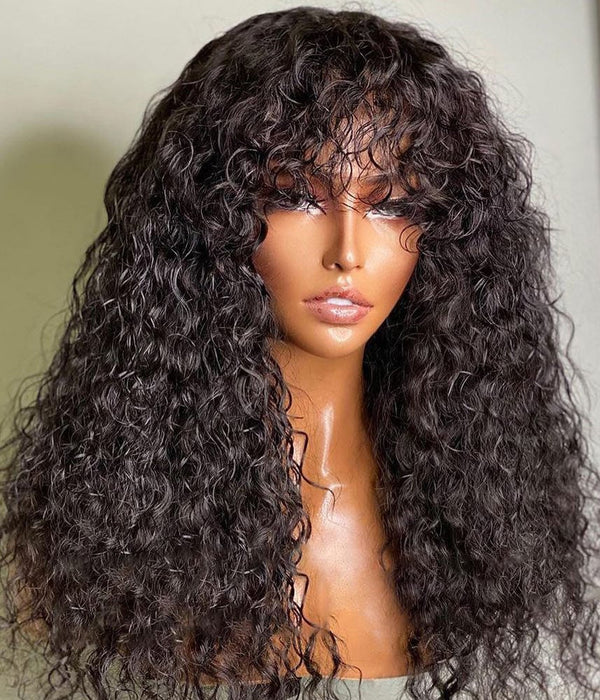 Water Wave Wigs with Bangs Affordable Machine Made Wigs Natural Color| Bridger Hair